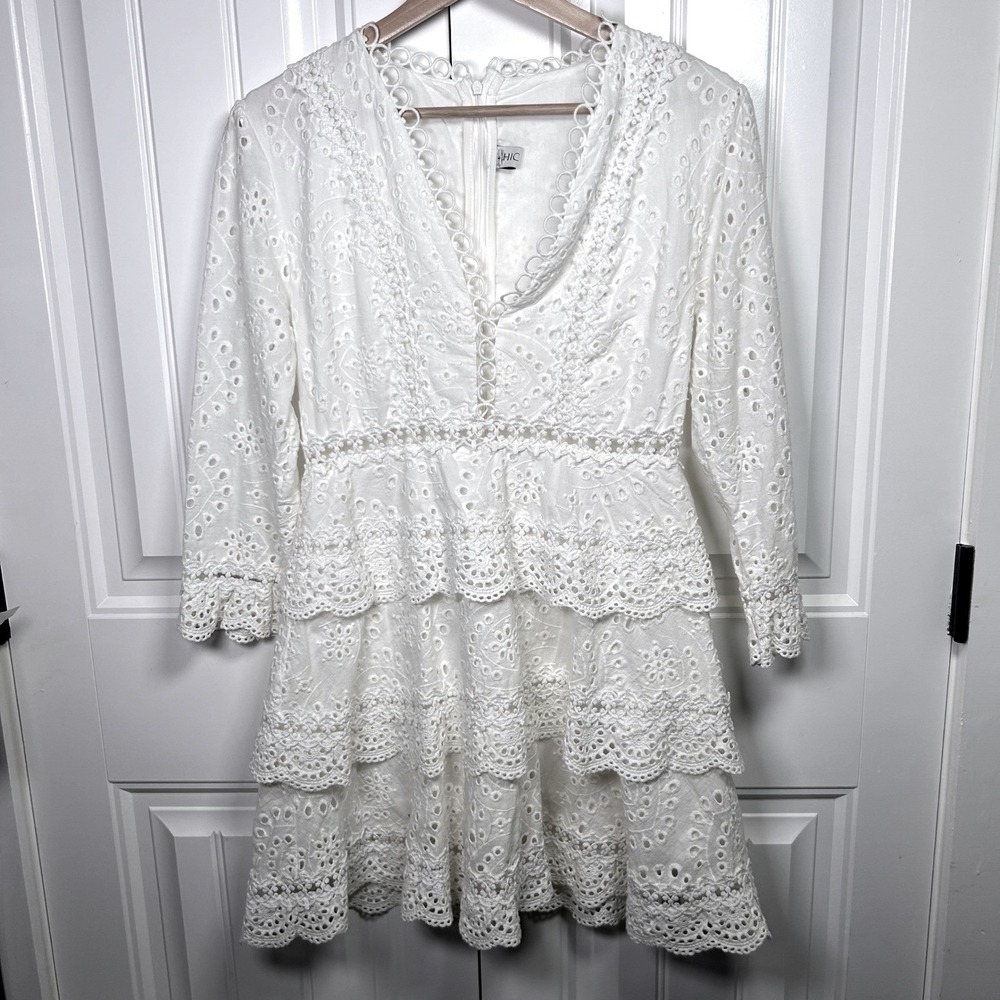 Eyelet Lace White Boho Beachy Crochet Scalloped Hem Mini Dress‎ Fits Small